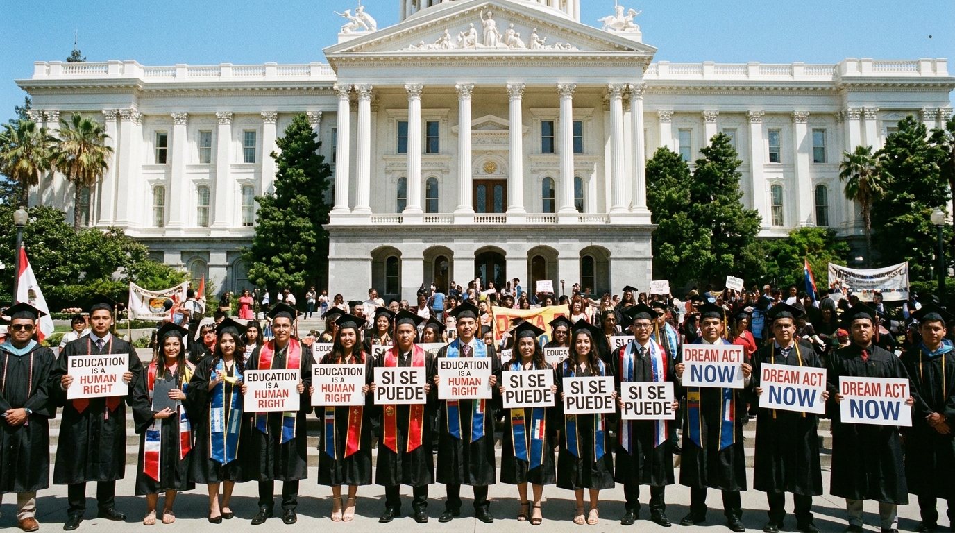 DREAM Act student activists in graduation caps and gowns at a protest