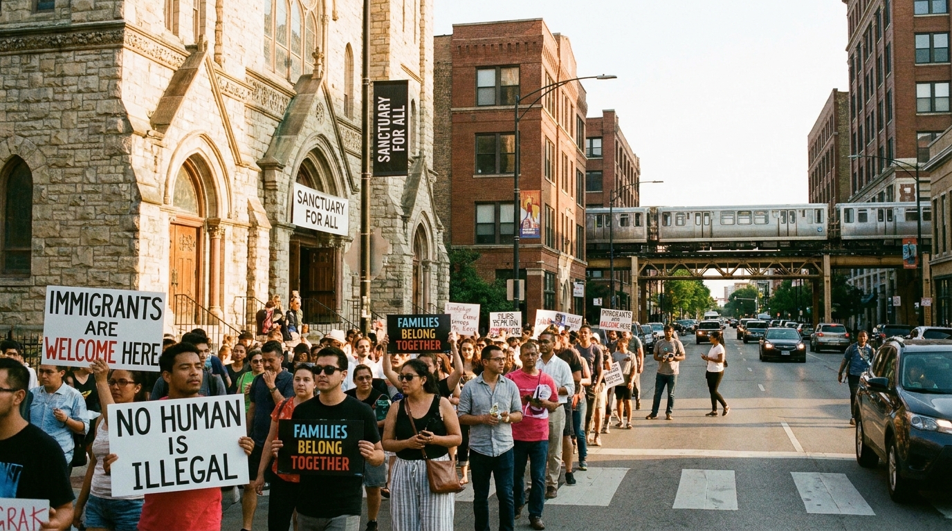 Immigration rights protesters outside a Chicago church holding signs
