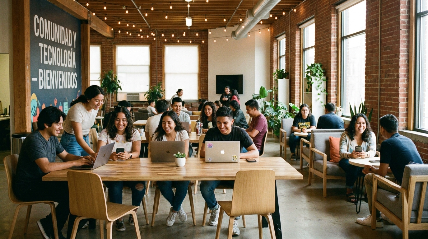 Young Latinos using smartphones and computers at a community center