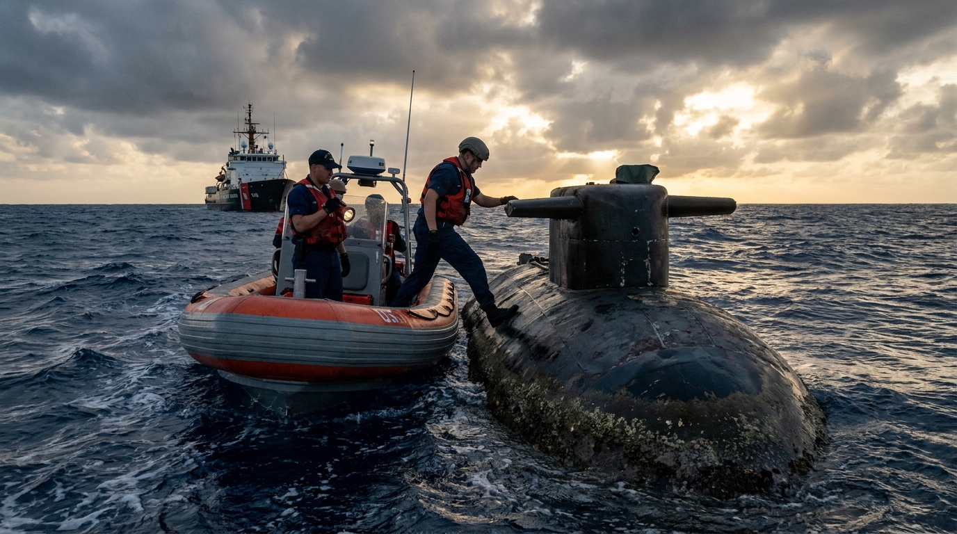 Law enforcement inspecting a semi-submersible vessel used for drug trafficking