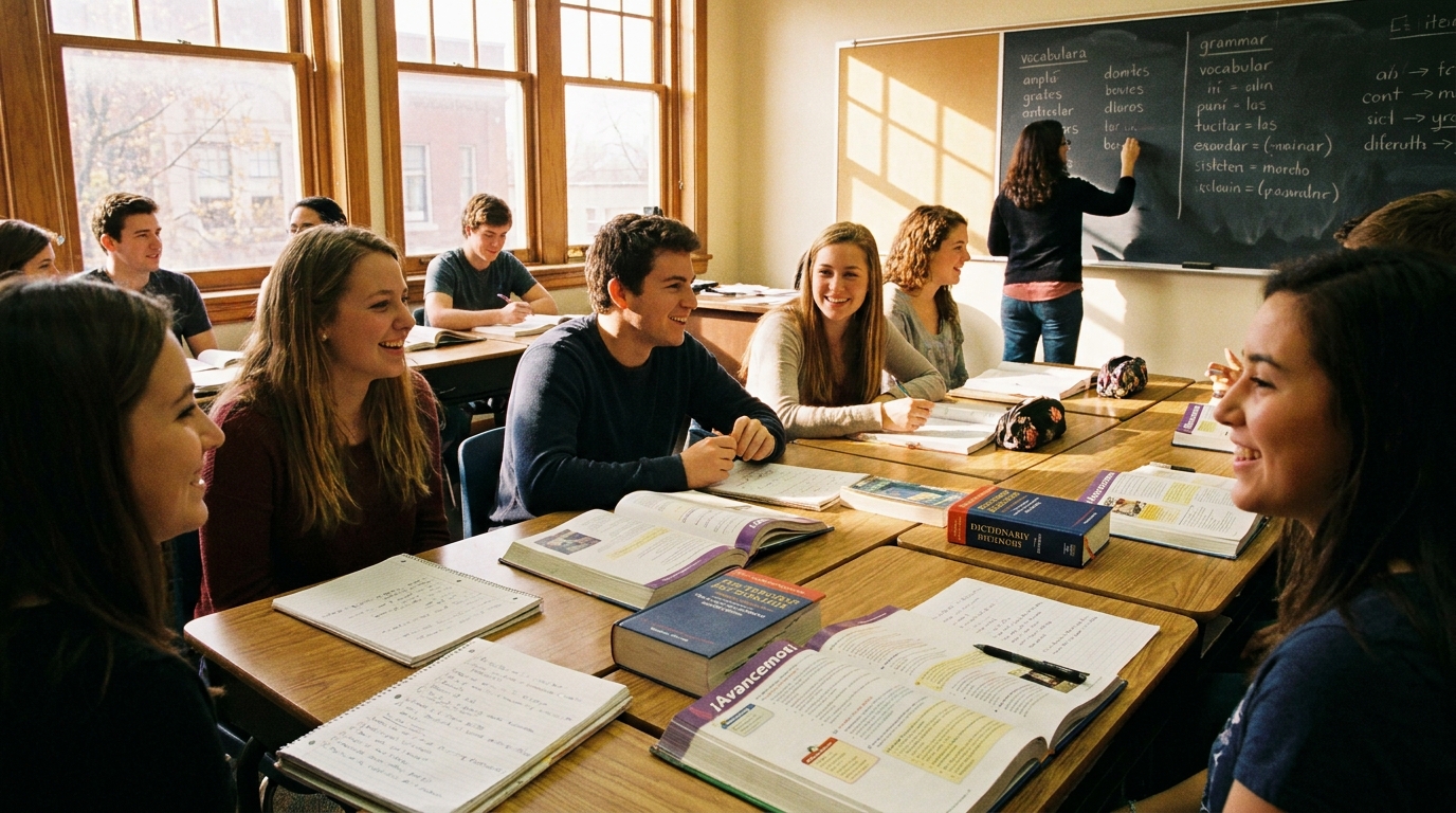 Students learning Spanish in a classroom