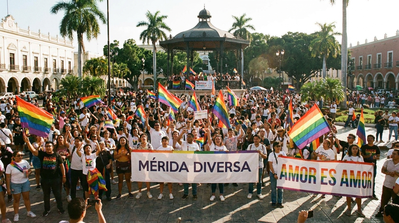 Protesters in Merida Yucatan holding rainbow flags at a demonstration
